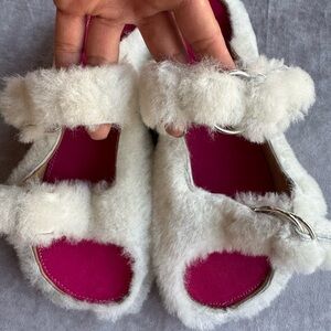 KK Quoddy Fuzzy White Sandals with Pink Soles